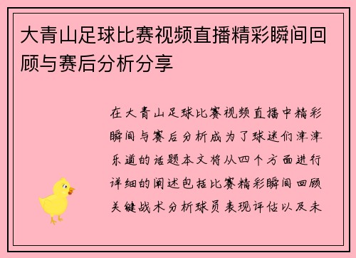 大青山足球比赛视频直播精彩瞬间回顾与赛后分析分享